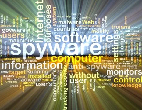Spyware wordcloud concept illustration glowing Stock Illustration