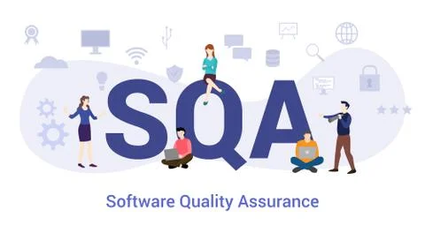 Sqa software quality assurance concept with big word or text and team people  库存插图