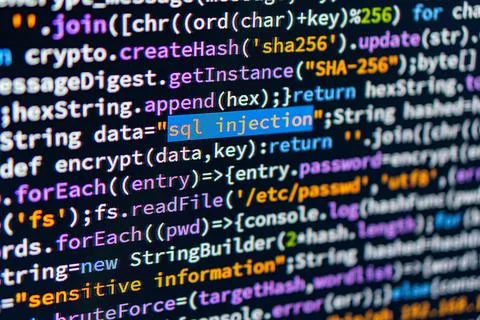 SQL injection. Close-up image of a computer screen displaying highlighted S.. 库存照片