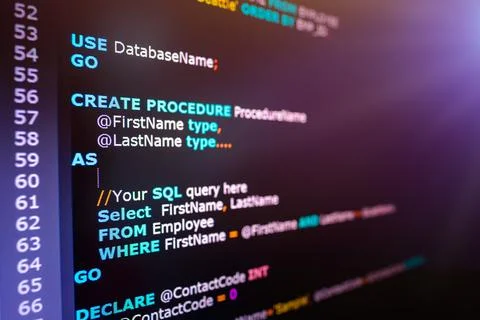 SQL (Structured Query Language) code on computer monitor. Example of SQL co.. Фото