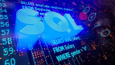 SQL word and SQL statements (Structured Query Language) code on a blue back.. Stockfoto's
