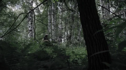 Squad of armed SWAT on an anti-terrorist operation in the forest Stock Footage 327455667