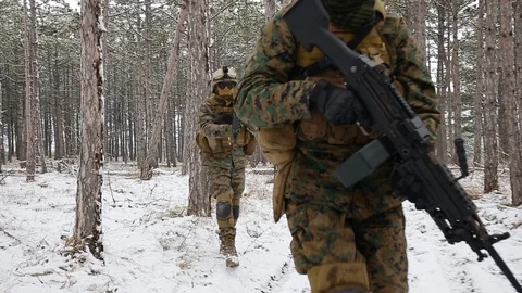 Squad in formation going through the forest. Military operation. Air guns Stock Footage 128114289