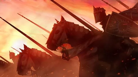 A squad of heavy cavalry in plate armor are rushing into battle with spears l Stock Illustration