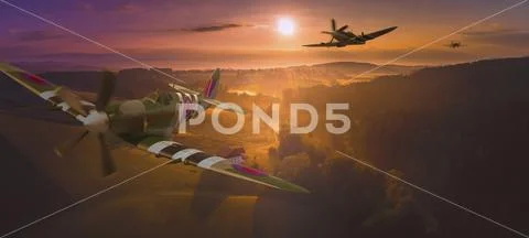 A squadron of Spitfires flying low over British Countryside, composite image Stock Photos