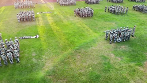 Squads of e soldiers are standing on the green field. Stock Footage