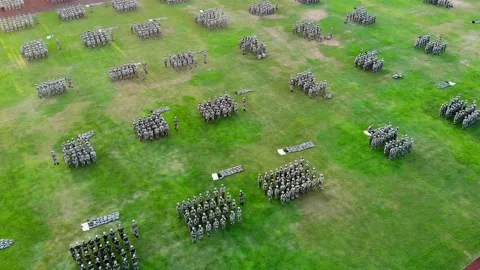 Squads of soldiers are standing on the green field. Stock Footage