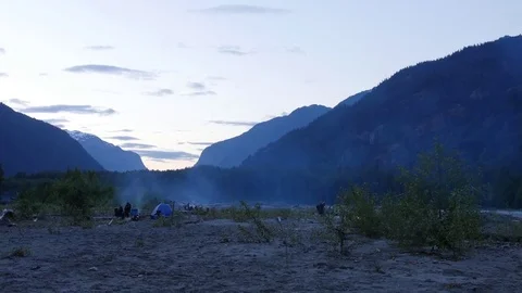Squamish group camping at sunset in mountains Stock Footage 74812818