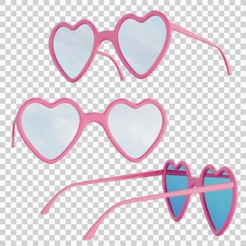 Square 3D summer beach heart pink reflective sunglasses PNG set, sticker clipart Stock Illustration