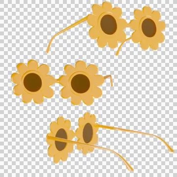 Square 3D summer beach sunglasses flowers daisies PNG set, sticker clipart Stock Illustration