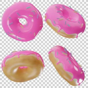 Square 3D summer pink donuts isolated transparent png set, banner template Stock Illustration