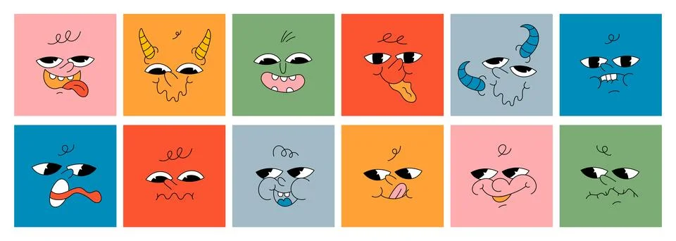 Square abstract comic Faces with various Emotions Stock Illustration