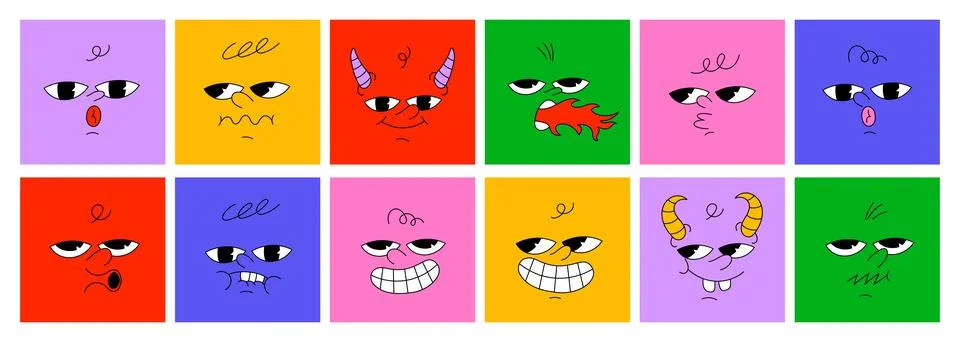 Square abstract comic Faces with various Emotions Stock Illustration