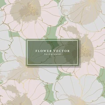 Square abstract floral background with delicate flowers and gold outline. Stock Illustration