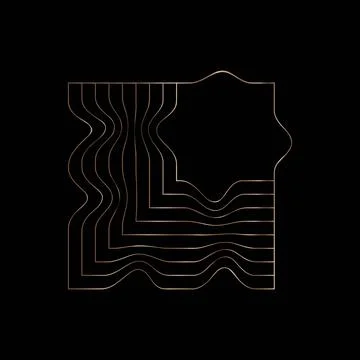 Square abstract gold frame, linear wavy geometric shape object on black Stock Illustration
