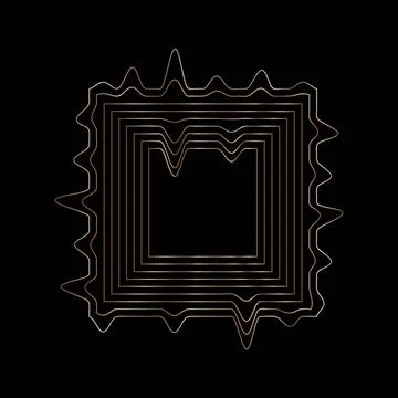 Square abstract gold frame, linear wavy geometric shape object on black Stock Illustration