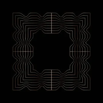 Square abstract gold frame, linear wavy geometric shape object on black Stock Illustration