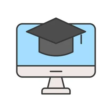 Square academic cap on computer screen, e-learning concept, editable stroke o Stock Illustration