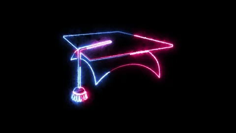 Square academic cap icon neon fire blue pink color animation black backgroun Stock Footage 265401399
