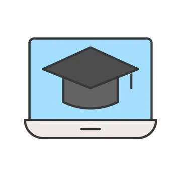 Square academic cap on laptop screen, online learning course concept, editabl Stock Illustration