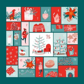 Square Advent calendar with christmas elements. Vector illustration in flat 스톡 일러스트
