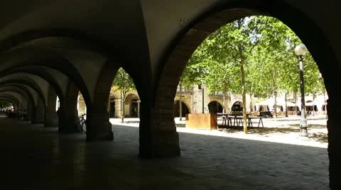 Square and Arcade in Small Town in Spain 03 Catalonia Stock-Footage 11495230