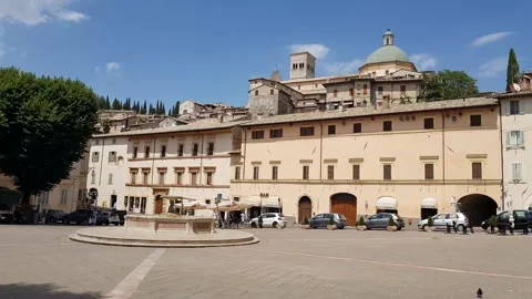 Square and the Basilica of Saint Clare in Assisi, Italy Stock Footage 204150212