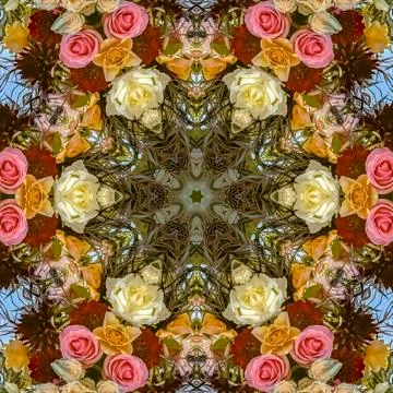 Square Angular floral design with red orange and white flowers at a wedding Foto stock