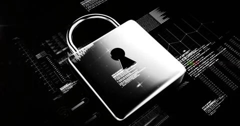 Square appearing at center starting 3D padlock forming, code flowing, flares Stockbeeldmateriaal 311085318