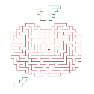 Square apple maze with worm. Maze for kids. Medium hard level. Made in vector Stock Illustration