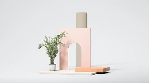 Square arc on the bright blue background with small palm tree. Minimal design Stock Illustration