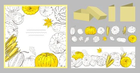 Square autumn pattern and seamless border whith pumpkins, vegetables, harvest Stock Illustration