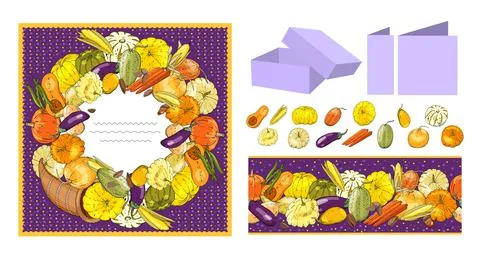 Square autumn pattern and seamless border whith cornucopia. Stock-Illustration