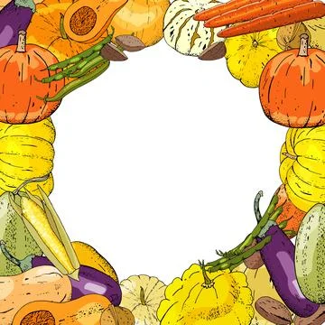 Square autumn template with different fresh vegetables. Stock Illustration