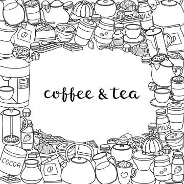 Square background with coffee, tea, cocoa items. Illustrazione stock