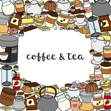 Square background with coffee, tea, cocoa items. Stock Illustration