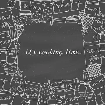 Square background with doodle cooking ingredients. Stock Illustration