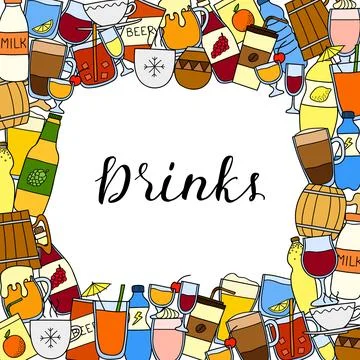 Square background with doodle drinks. Stock Illustration