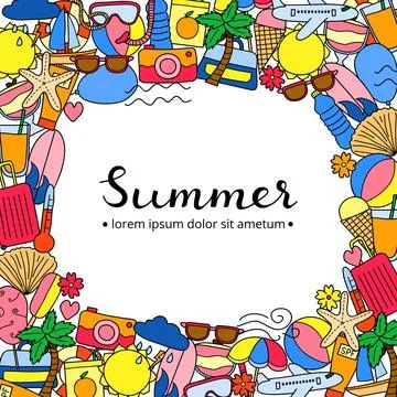 Square background with doodle summer items. Stock Illustration
