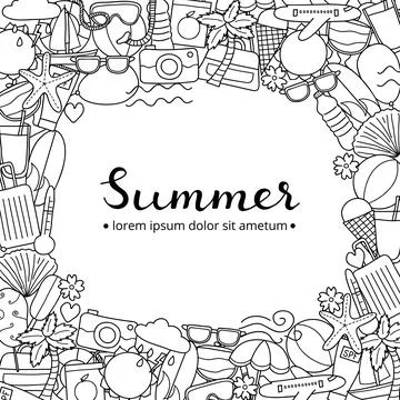 Square background with doodle summer items. Stock Illustration