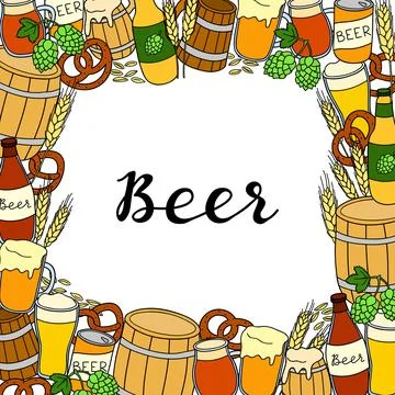 Square background with hand drawn beer items. Stock Illustration