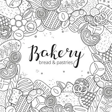 Square background with hand drawn bread, pastries. Stock-Illustration