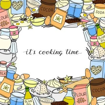 Square background with hand drawn cooking ingredients. Stock Illustration