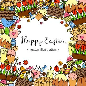 Square background with hand drawn easter items. Stock Illustration