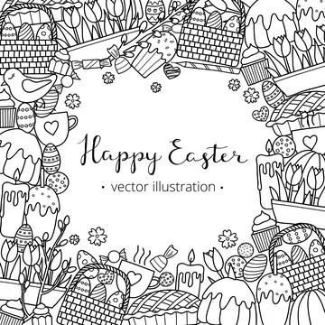 Square background with hand drawn easter items. Stock Illustration