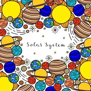Square background with hand drawn planets, stars. Stock Illustration