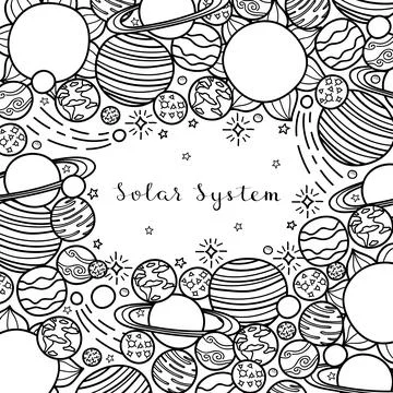 Square background with hand drawn planets, stars. Stock Illustration