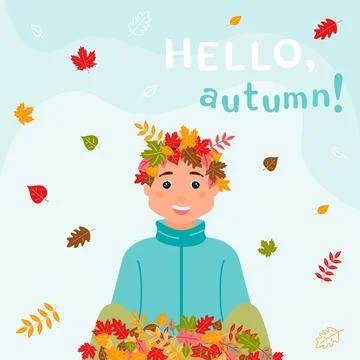 Square background Hello, autumn! A happy boy with a wreath of leaves on his.. Stock Illustration
