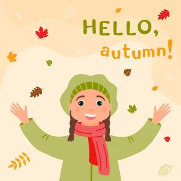 Square background Hello, Autumn ! Happy girl in autumn clothes catching fal.. Stock Illustration