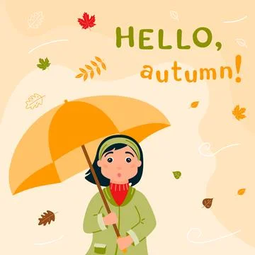 Square background Hello, autumn. A surprised girl in autumn clothes hides u.. Stock Illustration